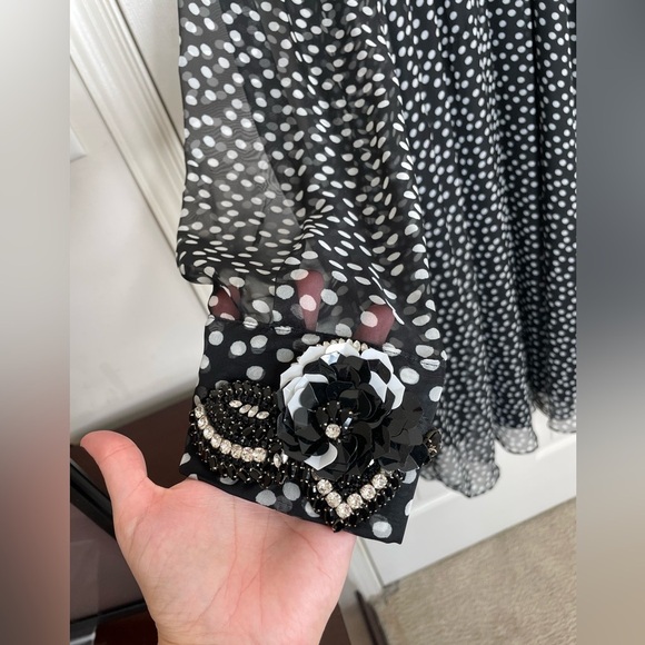 Marina Rinaldi Black & White Polka Dot Chiffon Midi Dress with Embellished Cuffs - Picture 3 of 13